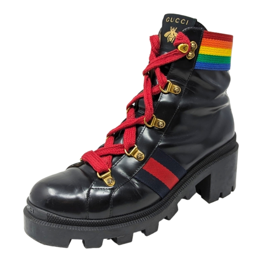 GUCCI Trip combat lace-up lug sole chunky boots black rainbow sylvie stripe 39
